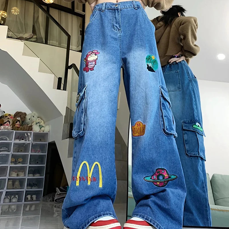 Cartoon Embroidered Baggy Cargo Jeans