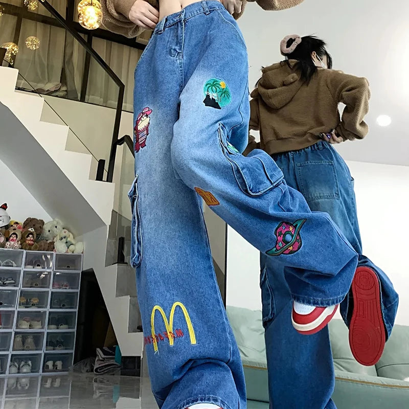 Cartoon Embroidered Baggy Cargo Jeans