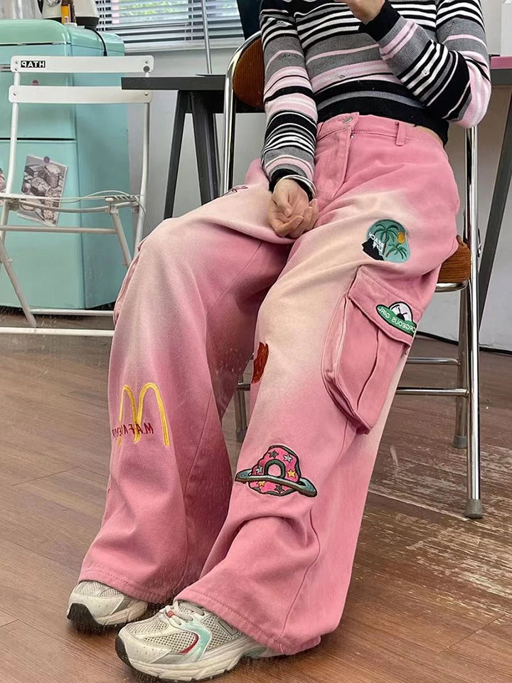 Cartoon Embroidered Baggy Cargo Jeans