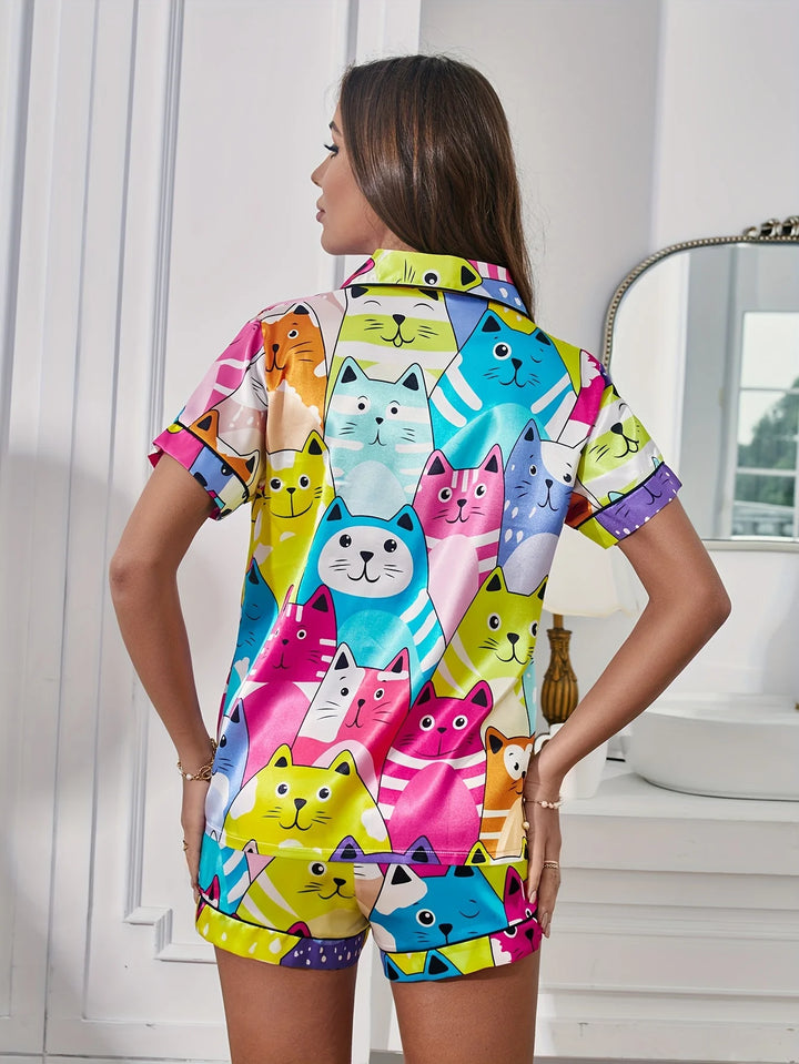 Colorful Cat Satin Pajama Set