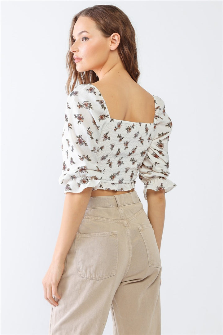 Floral Ruffled Smocked Crop Top in Ivory