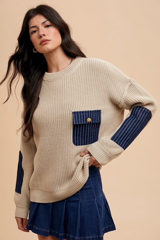 Contrast Sweater with Patch Pocket in Khaki