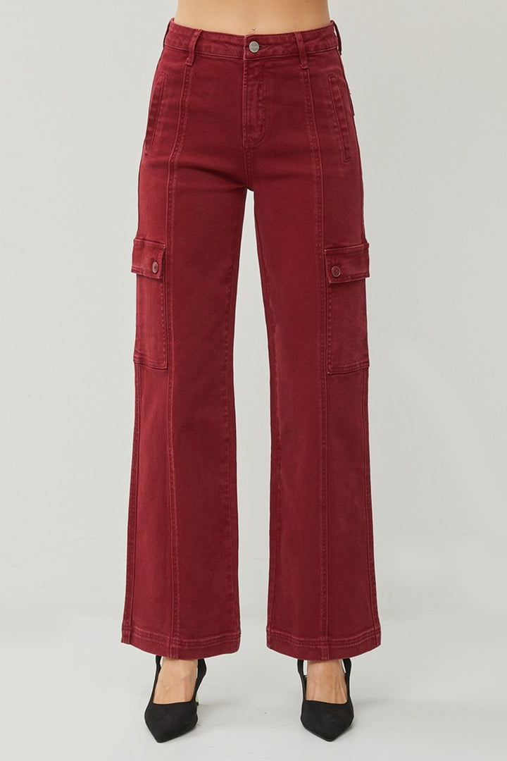 High Rise Wide Leg Cargo Jeans In Wine Red