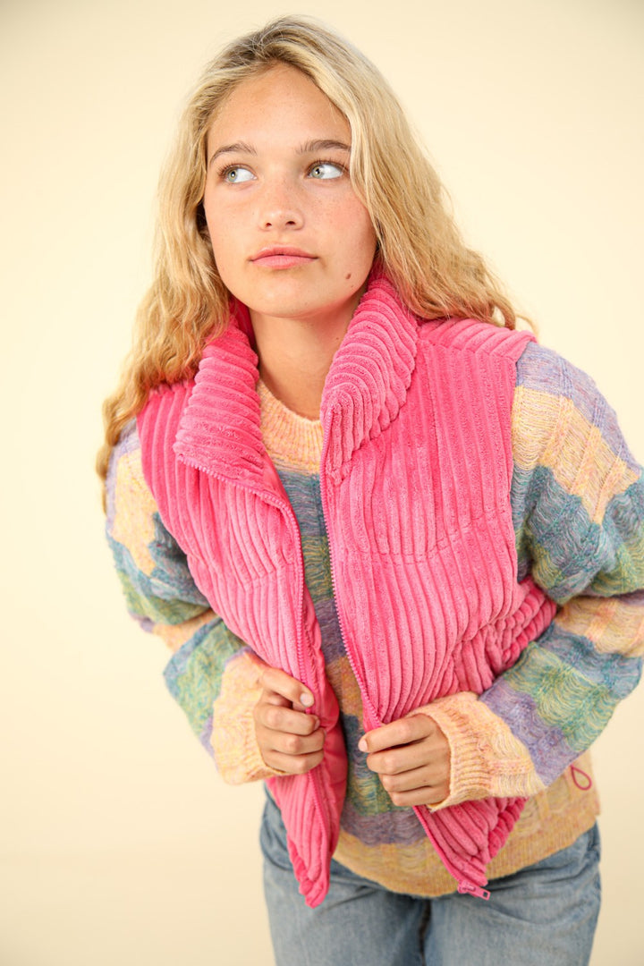 Zip Up Corduroy Puffer Vest in Pink