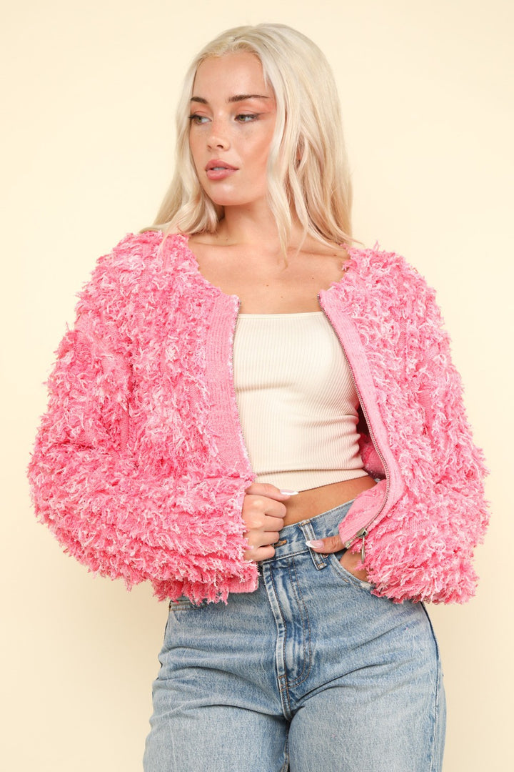 Shaggy Yarn Zip Up Jacket in Pink