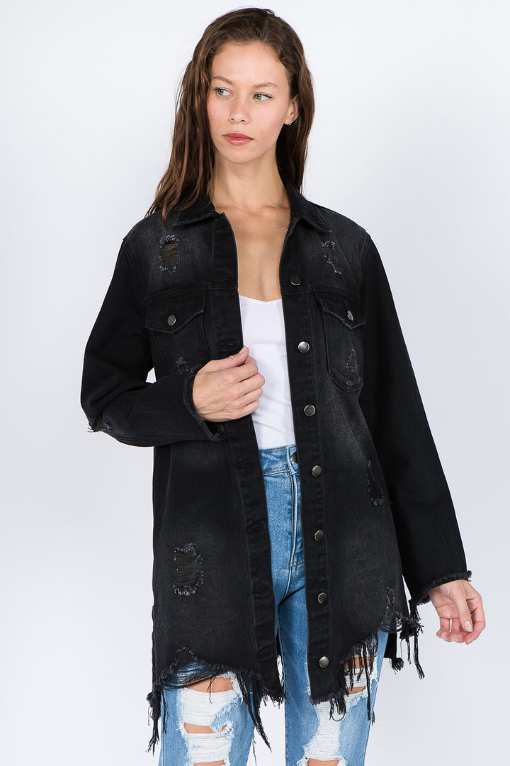 Distressed Frayed Hem Denim Jacket In Black