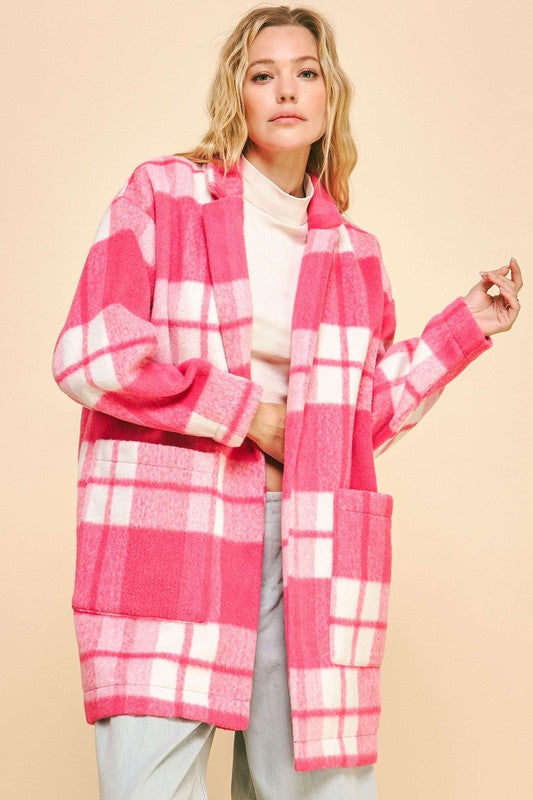 Plaid Open Front Longline Coat In Hot Pink