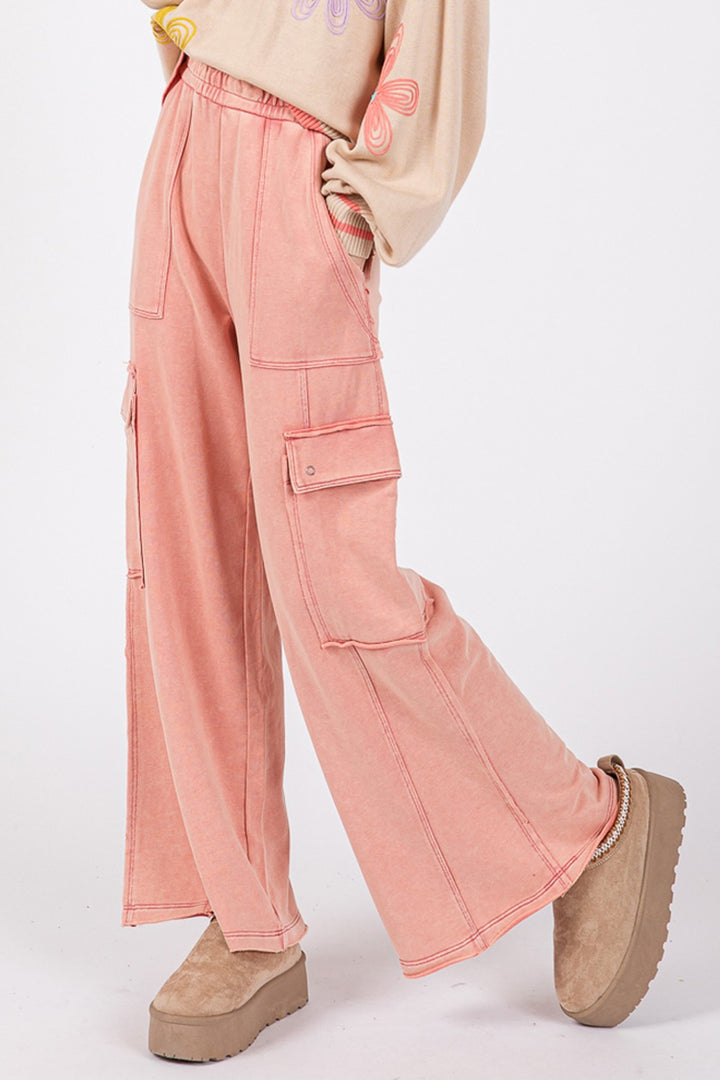 Mineral Wash Wide Leg Pants In Rose