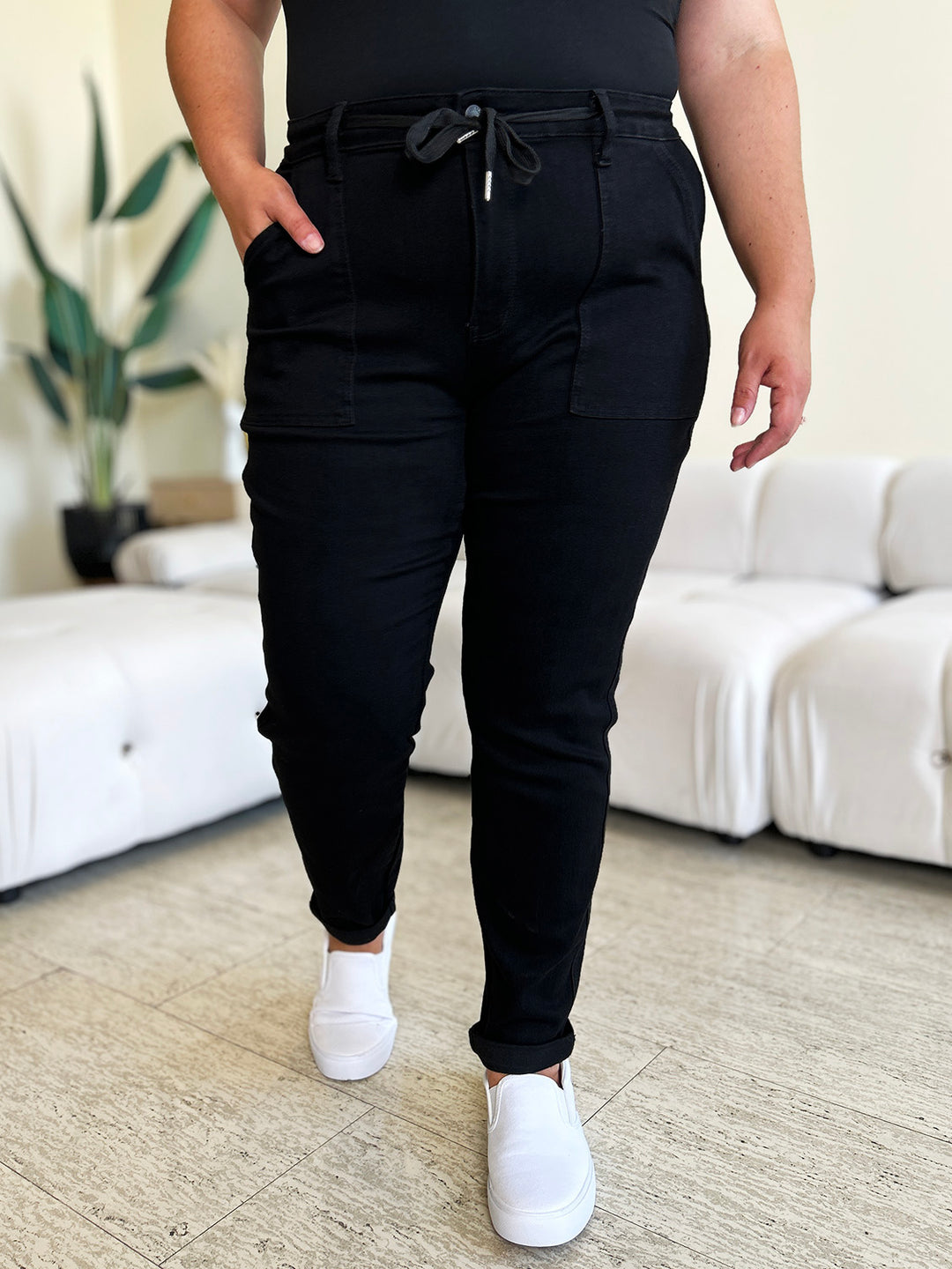 High Waist Double Roll Cuff Pants In Black