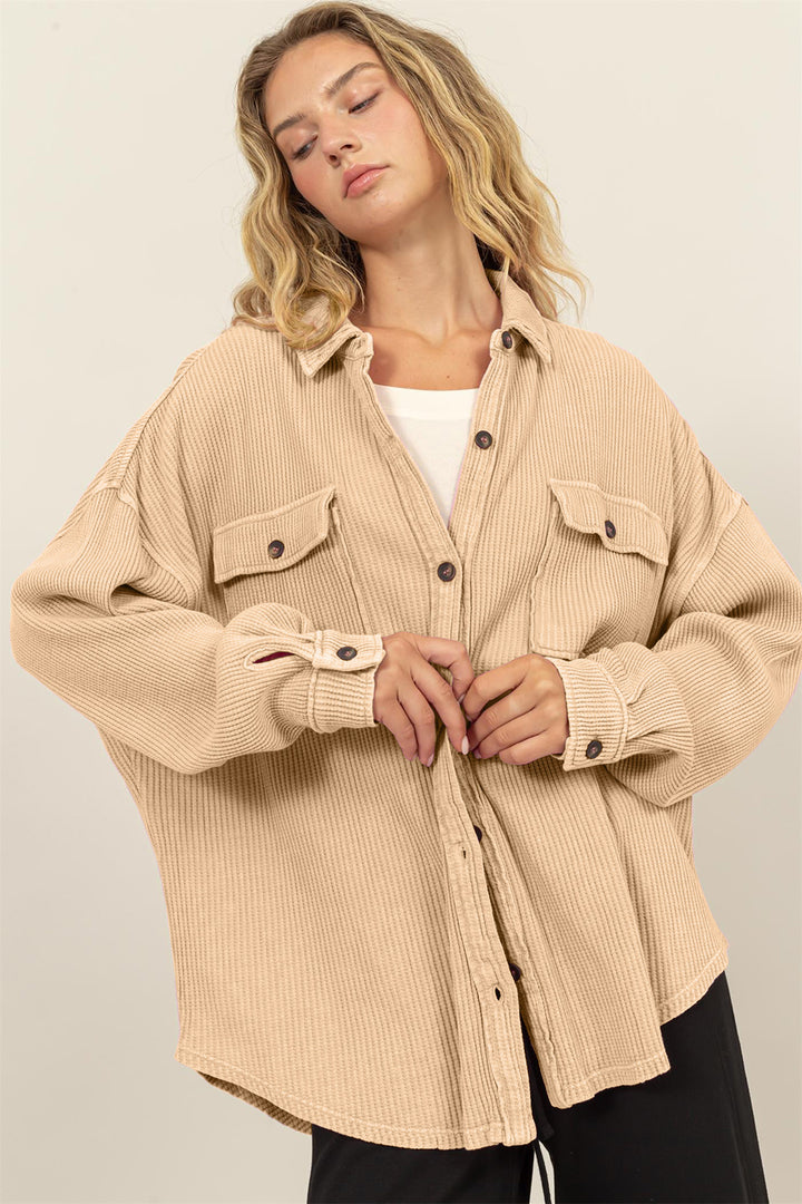 Waffle-Knit Button Up Shacket In Taupe