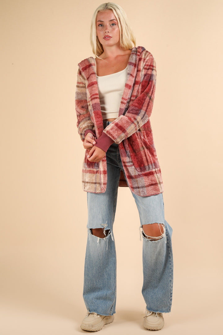 Fuzzy Plaid Hooded Jacket