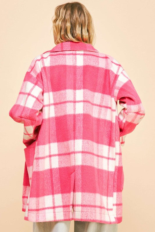 Plaid Open Front Longline Coat In Hot Pink