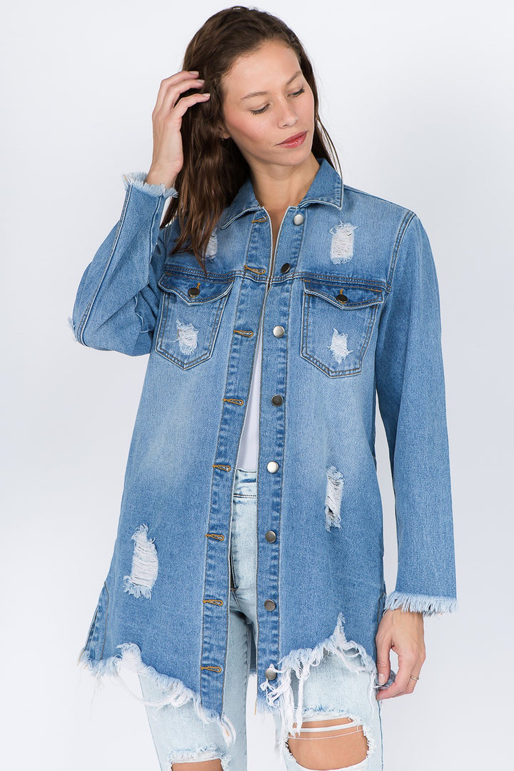 Distressed Frayed Hem Denim Jacket In Blue