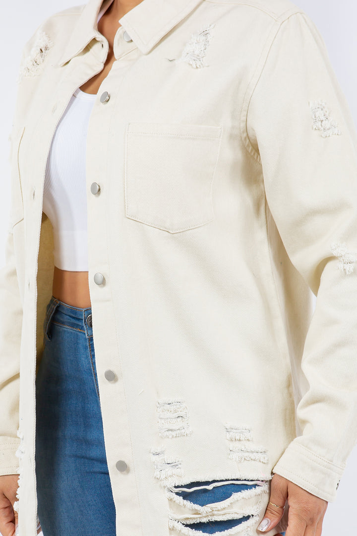 Distressed Denim Jacket In Ivory