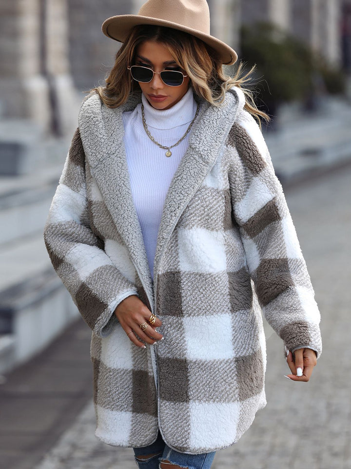 Plaid Open Hooded Coat in Charcoal