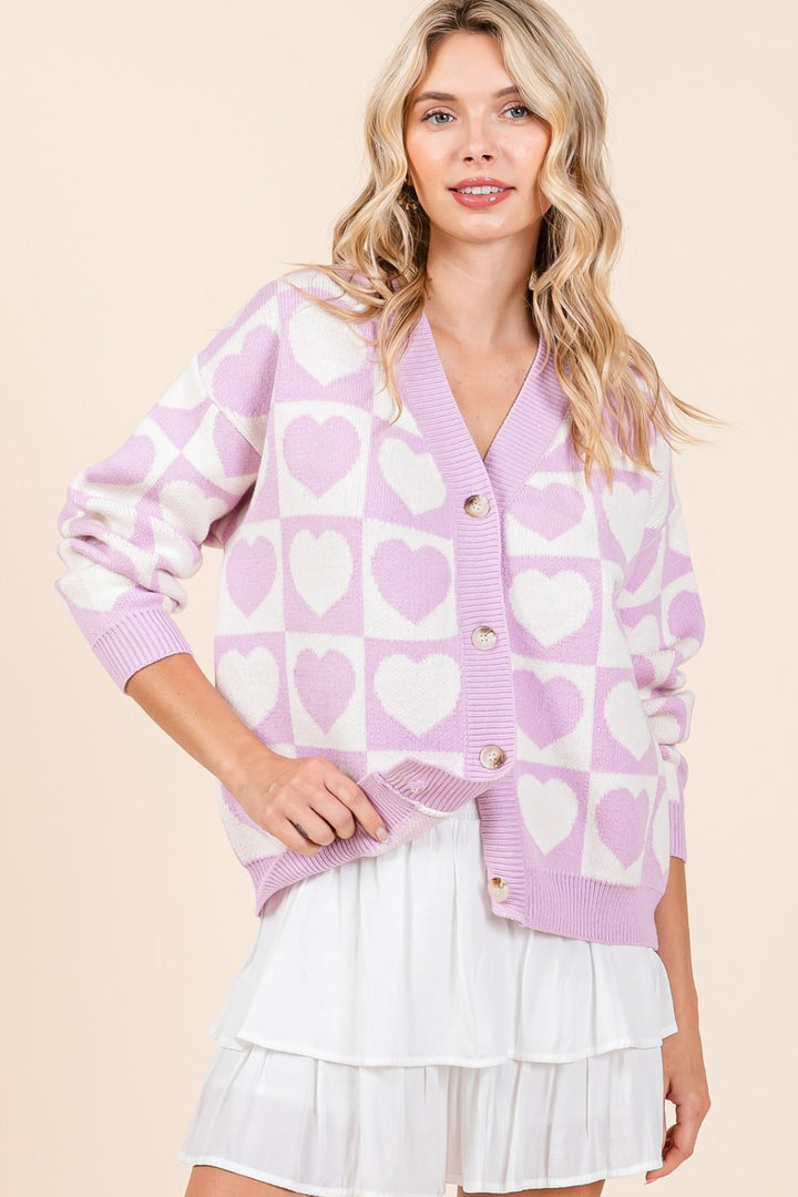 Checkered Heart Button Down Cardigan In Lilac