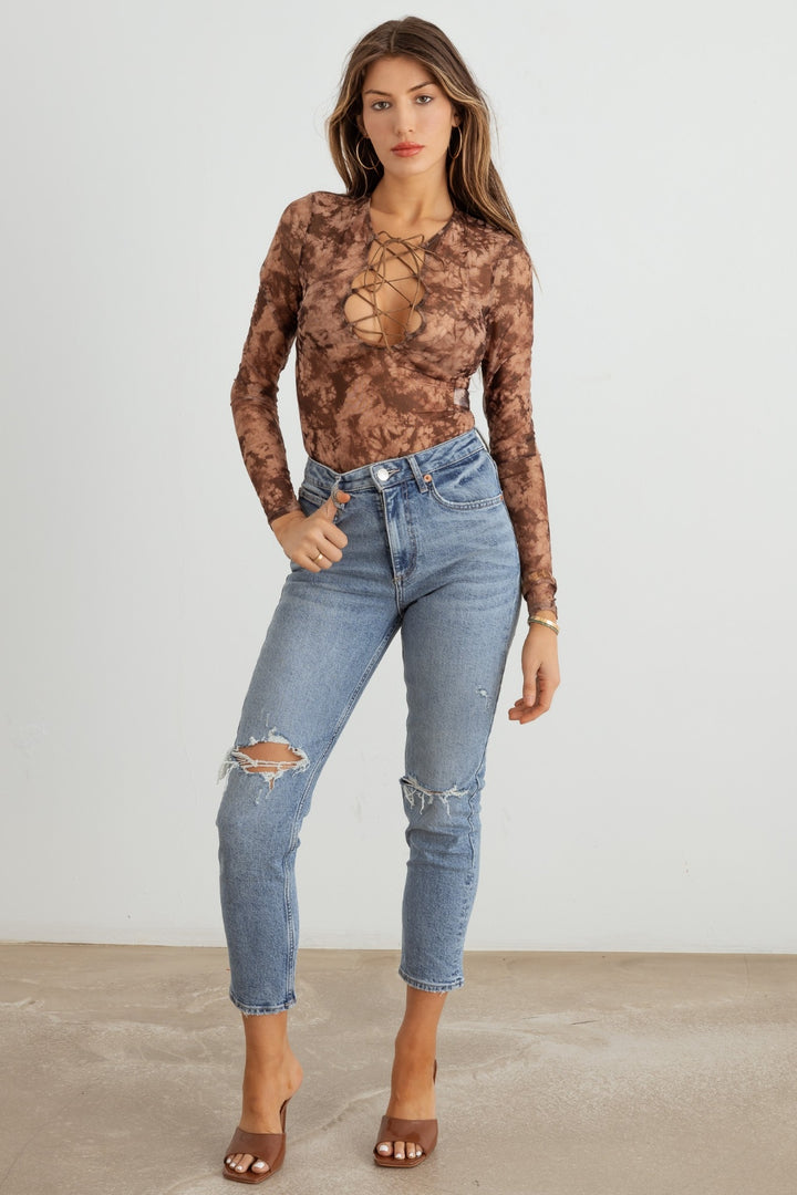 Abstract Mesh Lace-Up Long Sleeve Bodysuit