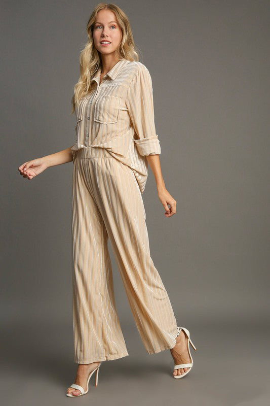 Elastic Waist Striped Wide Velvet Pants in Tan