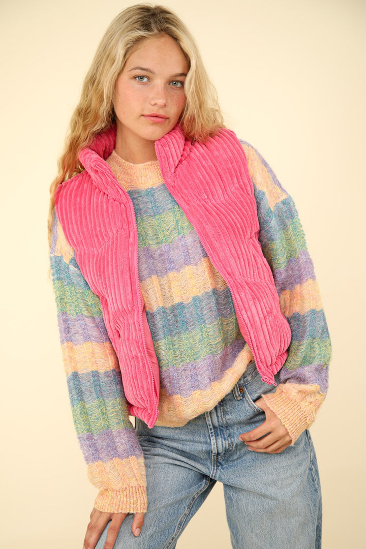 Zip Up Corduroy Puffer Vest in Pink