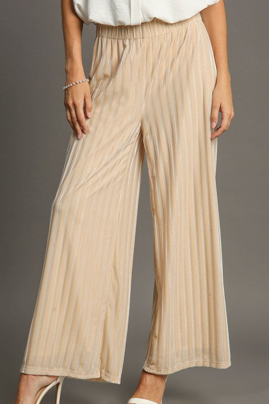 Elastic Waist Striped Wide Velvet Pants in Tan