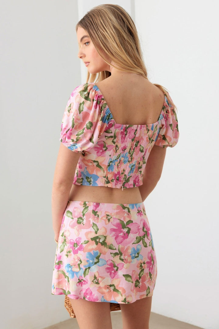 Floral Puff Sleeve Crop Top and Mini Skirt Set in Pink