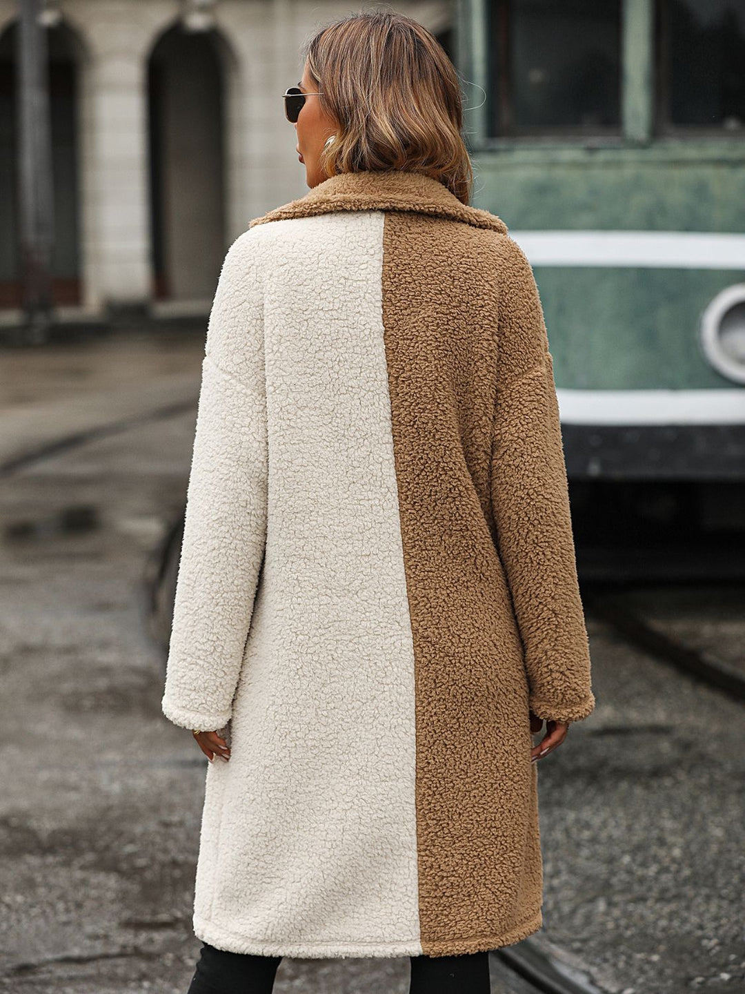 Contrast Dropped Shoulder Sherpa Coat in Camel