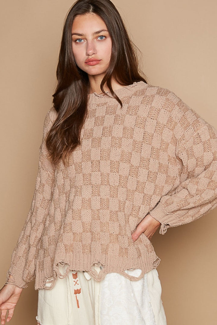 Checkered Edge Sweater in Mocha