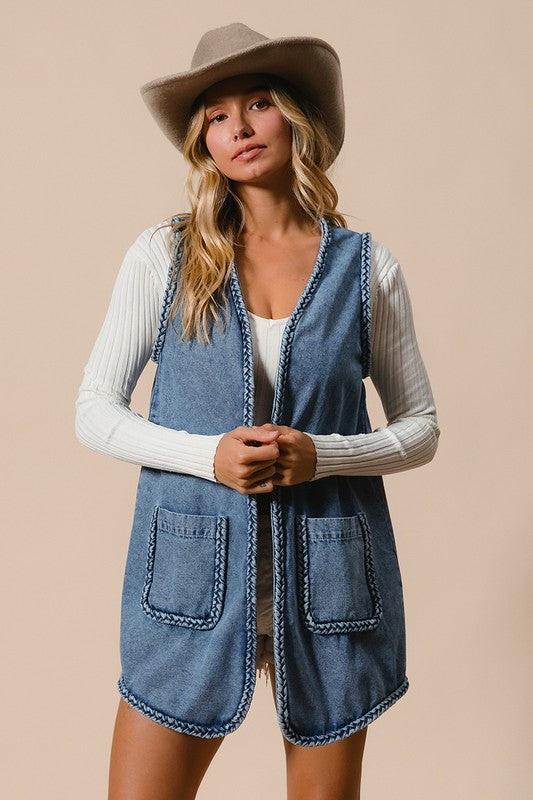 Trim Open Front Denim Vest with Pockets