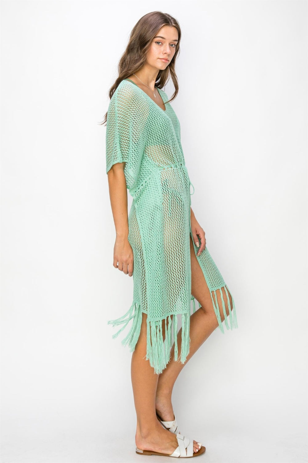 Drawstring Waist Fringed Hem Cover Up In Mint