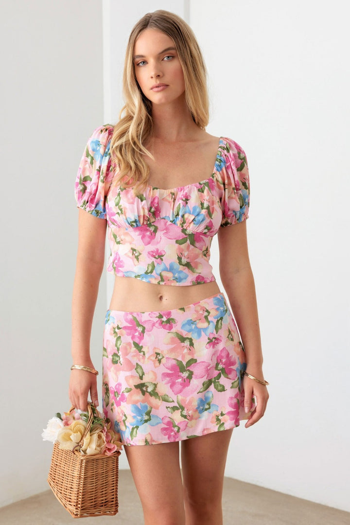 Floral Puff Sleeve Crop Top and Mini Skirt Set in Pink