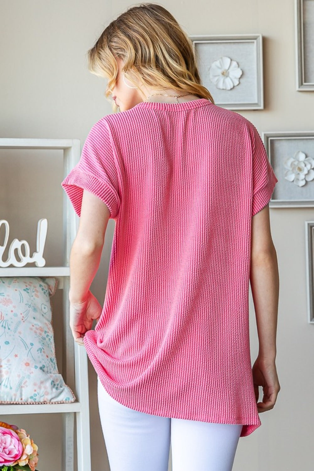 USA Short Sleeve Ribbed Top in Coral