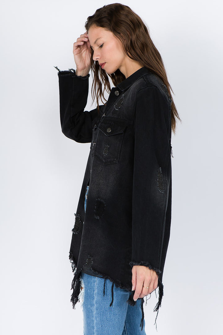 Distressed Frayed Hem Denim Jacket In Black