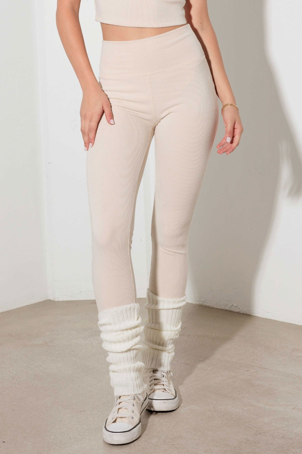 Ribbed Crop Cami and High Waist Brushed Leggings Set in Tan