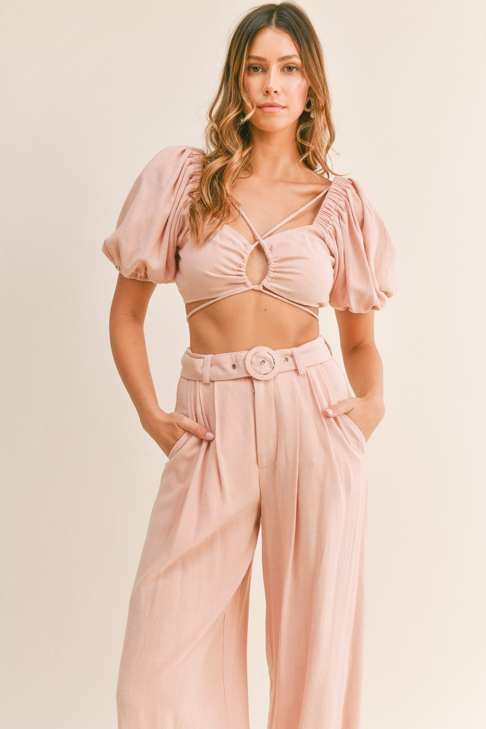 Drawstring Crop Top and Belted Pants Set in Dusty Pink