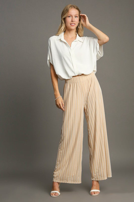 Elastic Waist Striped Wide Velvet Pants in Tan