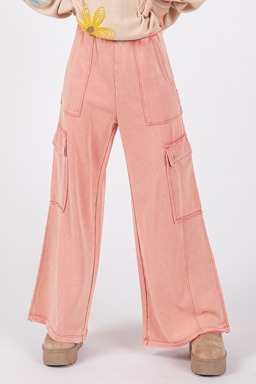 Mineral Wash Wide Leg Pants In Rose