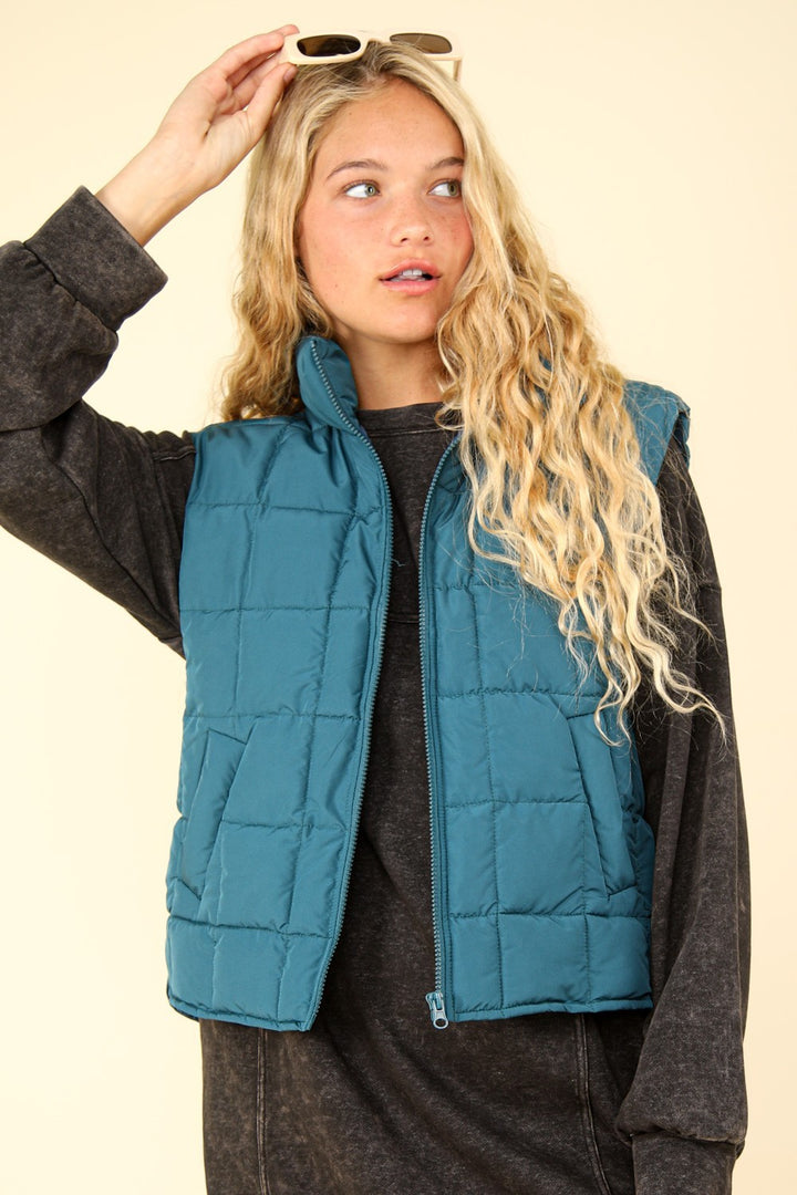 Zip Up Puffer Padded Vest in Sea Foam