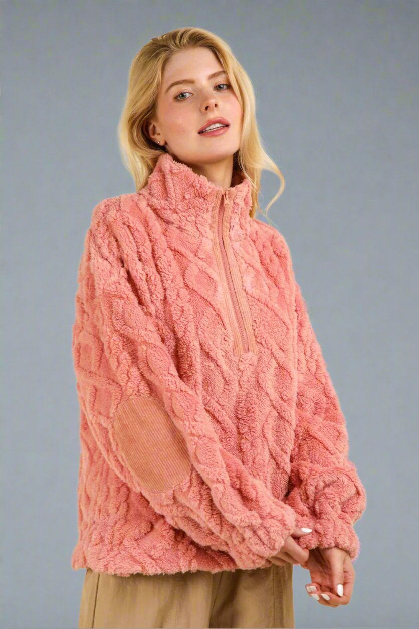 Fuzzy Fleece Half Zip Sweatshirt in Blush