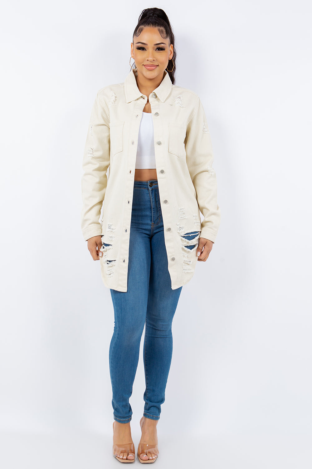 Distressed Denim Jacket In Ivory