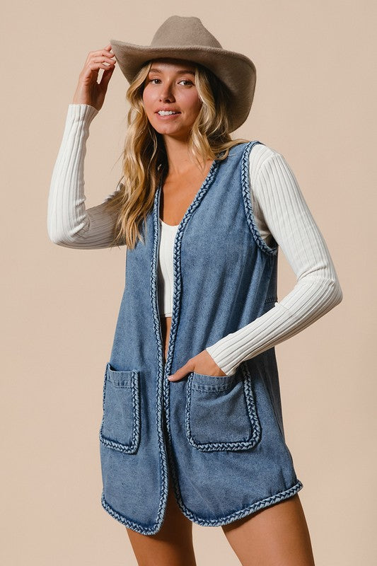 Trim Open Front Denim Vest with Pockets