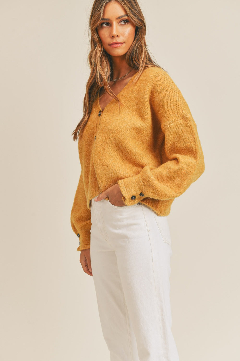 Long Sleeve Button Down Sweater in Mustard