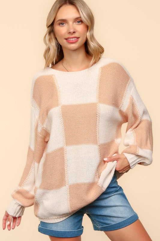 Checkered Drop Shoulder Sweater in Apricot