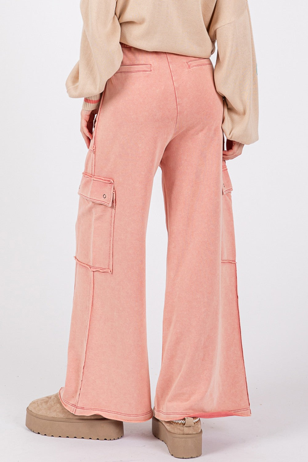 Mineral Wash Wide Leg Pants In Rose