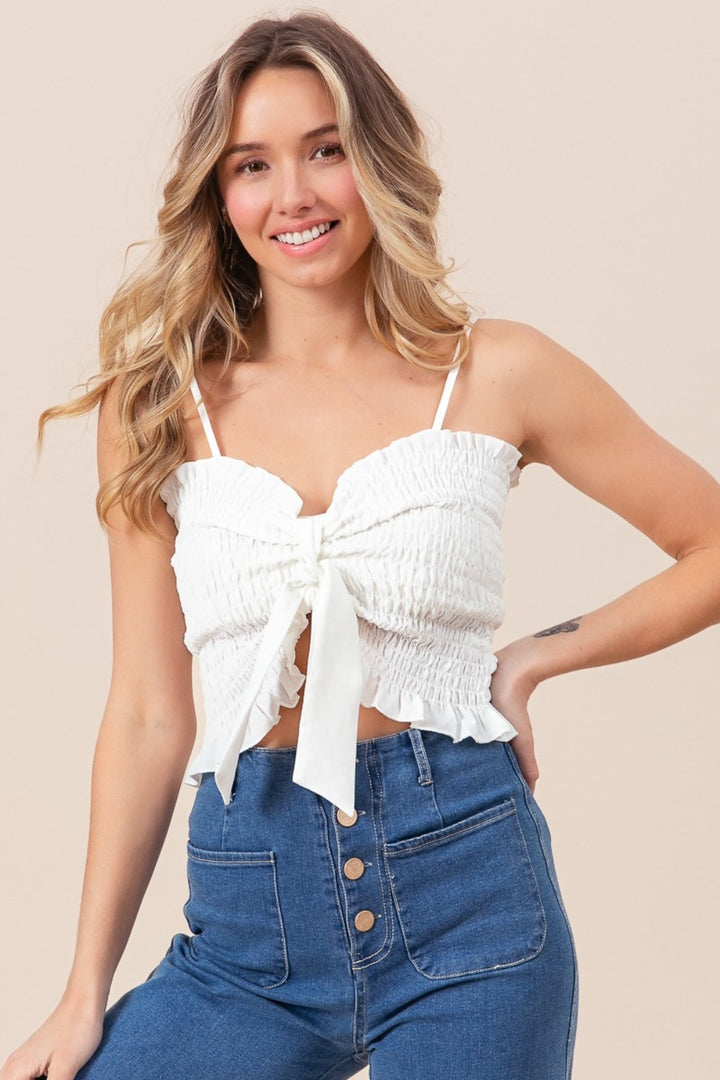 Ruffled Smocked Ribbon Detail Cami in Off White