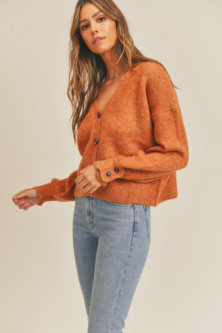 Long Sleeve Button Down Sweater in Rust