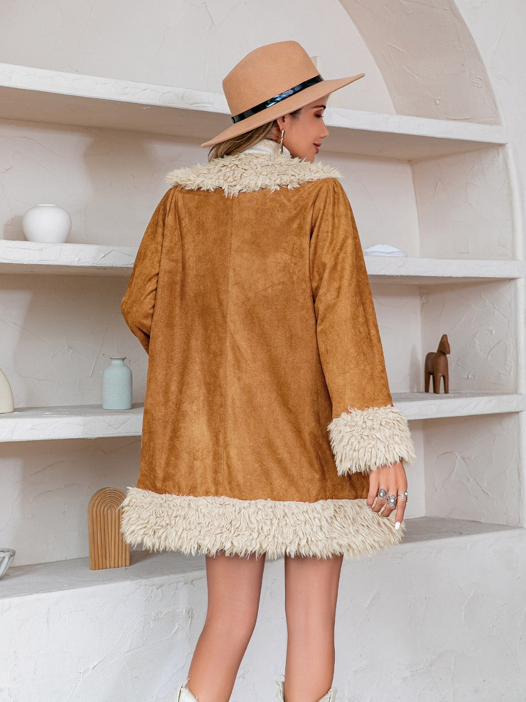 Fuzzy Open Long Outerwear in Caramel