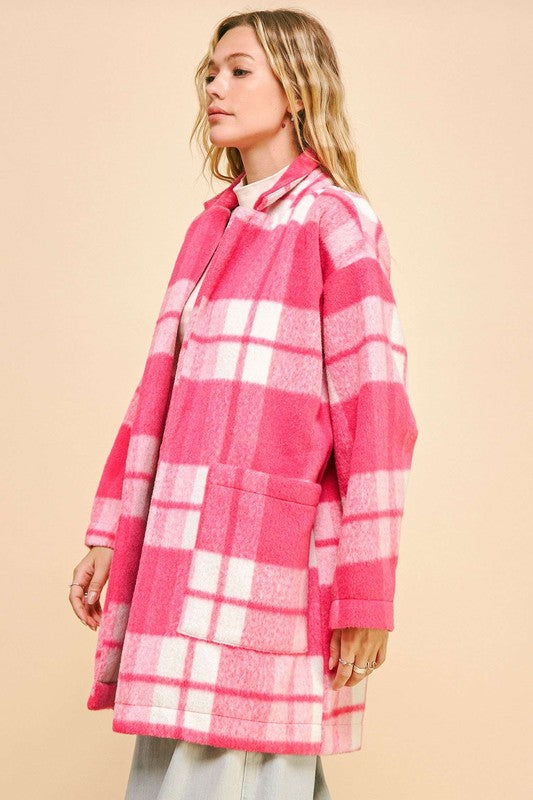 Plaid Open Front Longline Coat In Hot Pink