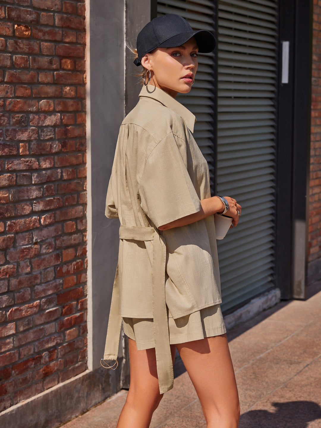 Button Up Top and Shorts Set in Tan