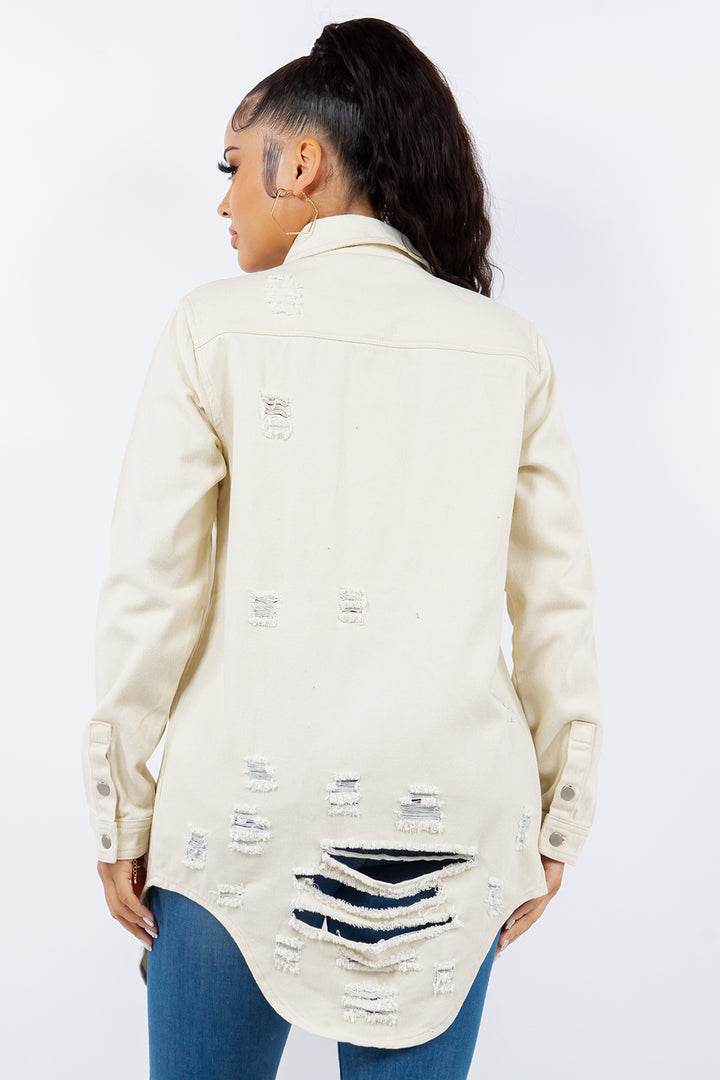 Distressed Denim Jacket In Ivory