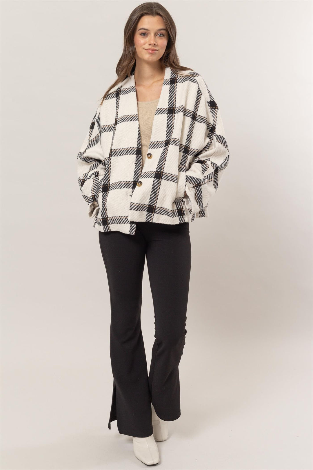 Plaid Long Sleeve Jacket In Cream